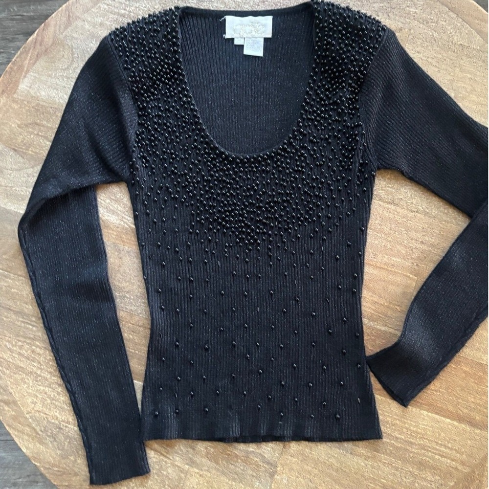 Cache Women's Glam Chic Party Beaded Round-Neck Knit Top Small